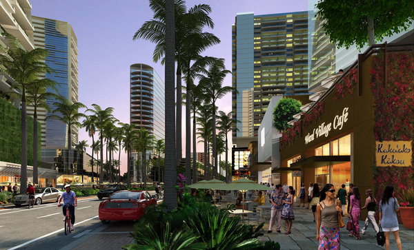 A rendering of the Kakaako neighborhood near downtown Honolulu, which is now a shopping and entertainment district.