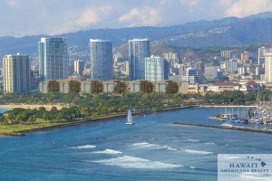 This rendering shows the six ultra-luxury condominium buildings planned for a portion of Ala Moana Center. The project will have a total of 215 units, according to a building permit filed with the City and County of Honolulu.
