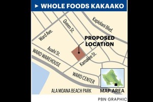 The proposed location of Whole Foods Kakaako is on the corner of Queen and Kamakee Streets.