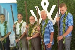 From left, David Striph, senior vice president of Hawaii, the Howard Hughes Corp.; David Weinreb, president and CEO, the Howard Hughes Corp.; Gov. Neil Abercrombie; Mayor Kirk Caldwell; and Nick Vanderboom, senior vice president of development, the Howard Hughes Corp., at the groundbreaking for the Waiea condominium at the Ward Village master-planned community in Honolulu.